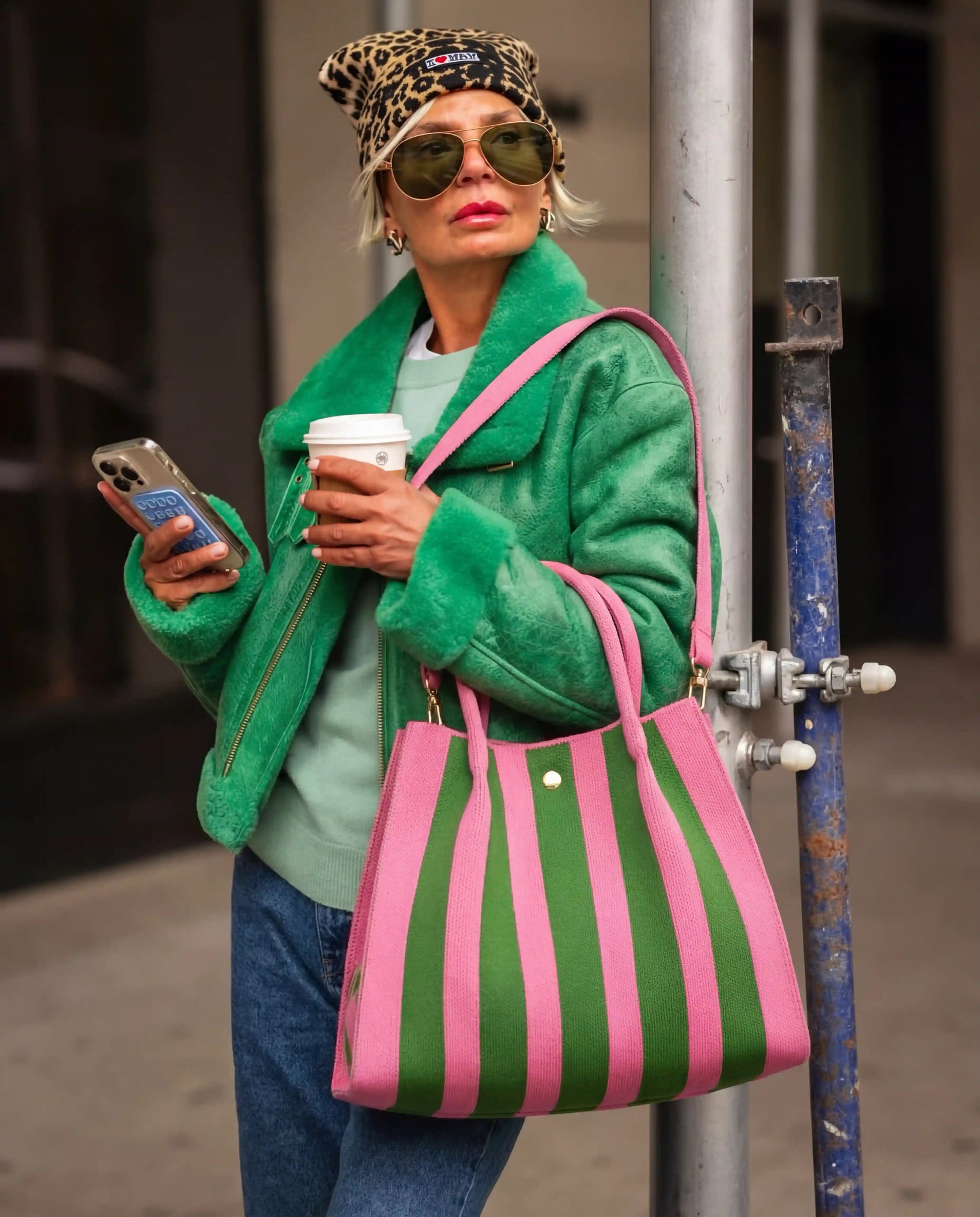 Pink green striped city girl bag